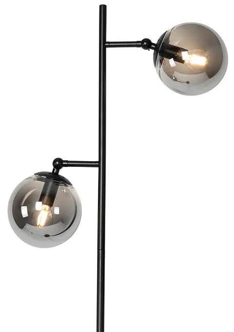 Art Deco vloerlamp zwart met smoke glas 2-lichts - Pallon