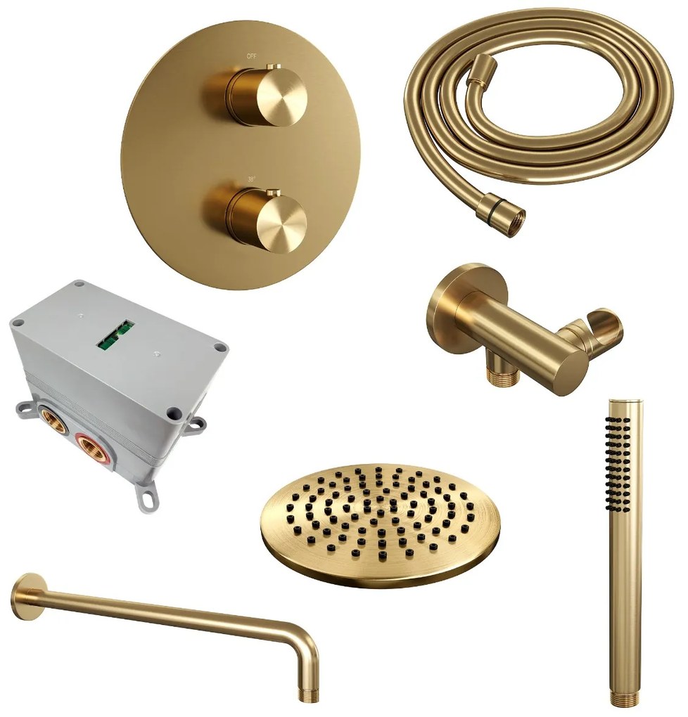 Brauer Gold Edition thermostatische inbouw regendouche met staafhanddouche, gebogen muurarm en hoofddouche 20cm set 75 messing geborsteld PVD