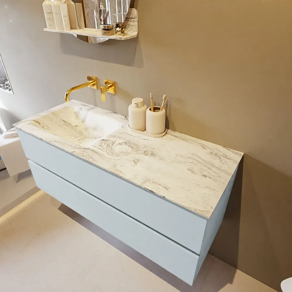 Mondiaz Vica DLux badmeubel 120cm clay 2 lades met wastafel glace links zonder kraangat
