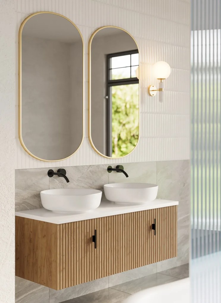 Muebles Ezra badmeubel ribbelfront 120cm warm eiken met wit toppaneel en waskom