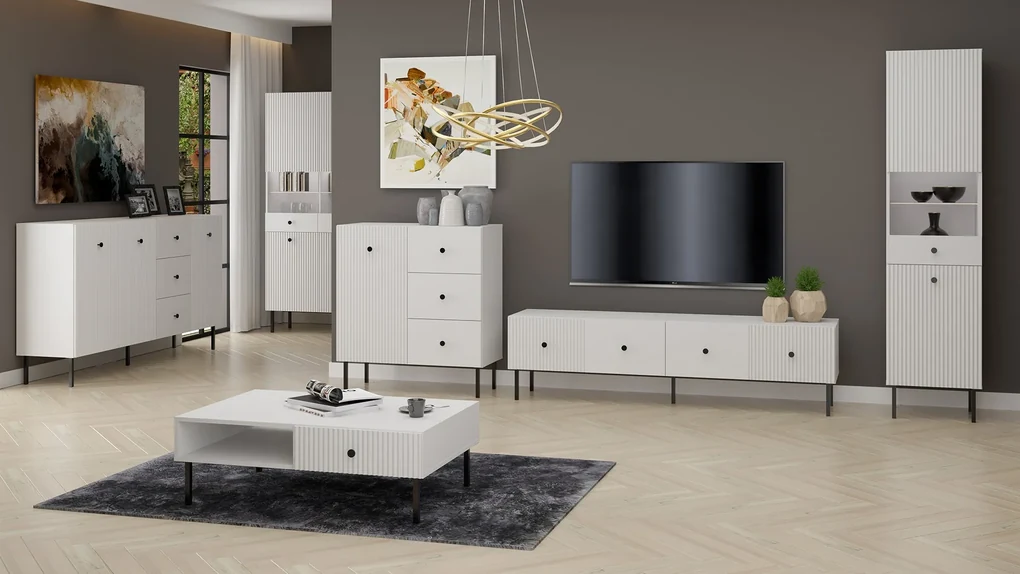 Salontafel VIENNA 2S Wit mat/goud - TAFEL MET LADEN EN GERIBBELDE VOORPANELEN