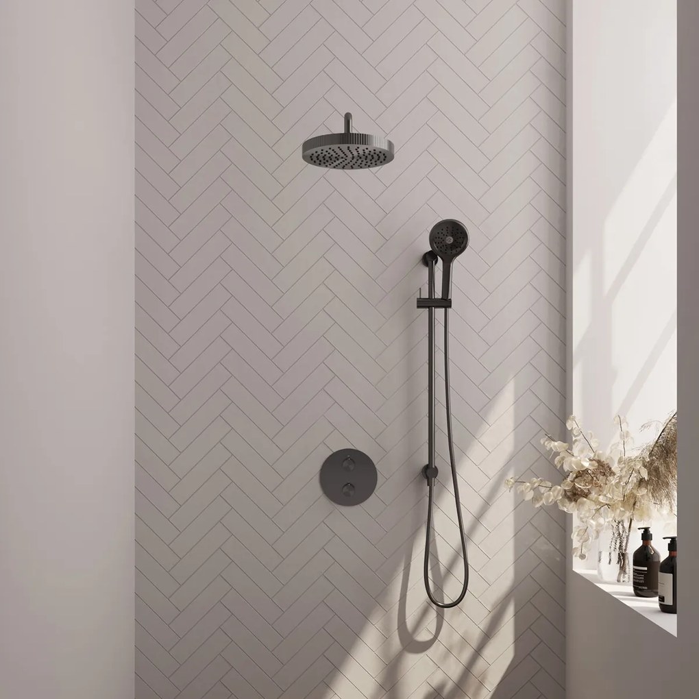Brauer Stripe inbouw regendouche rond met 25cm hoofddouche, rond met gebogen muurarm, glijstang en 3 standen handdouche set 47 gunmetal geborsteld PVD