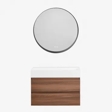 Ona Zwevend Badkamermeubelset Van Hout En Essenfineer Met Geïntegreerde Wastafel Donker Hout & Round Led And Antifog Zwart Ø80 Cm Kimacs - Sklum