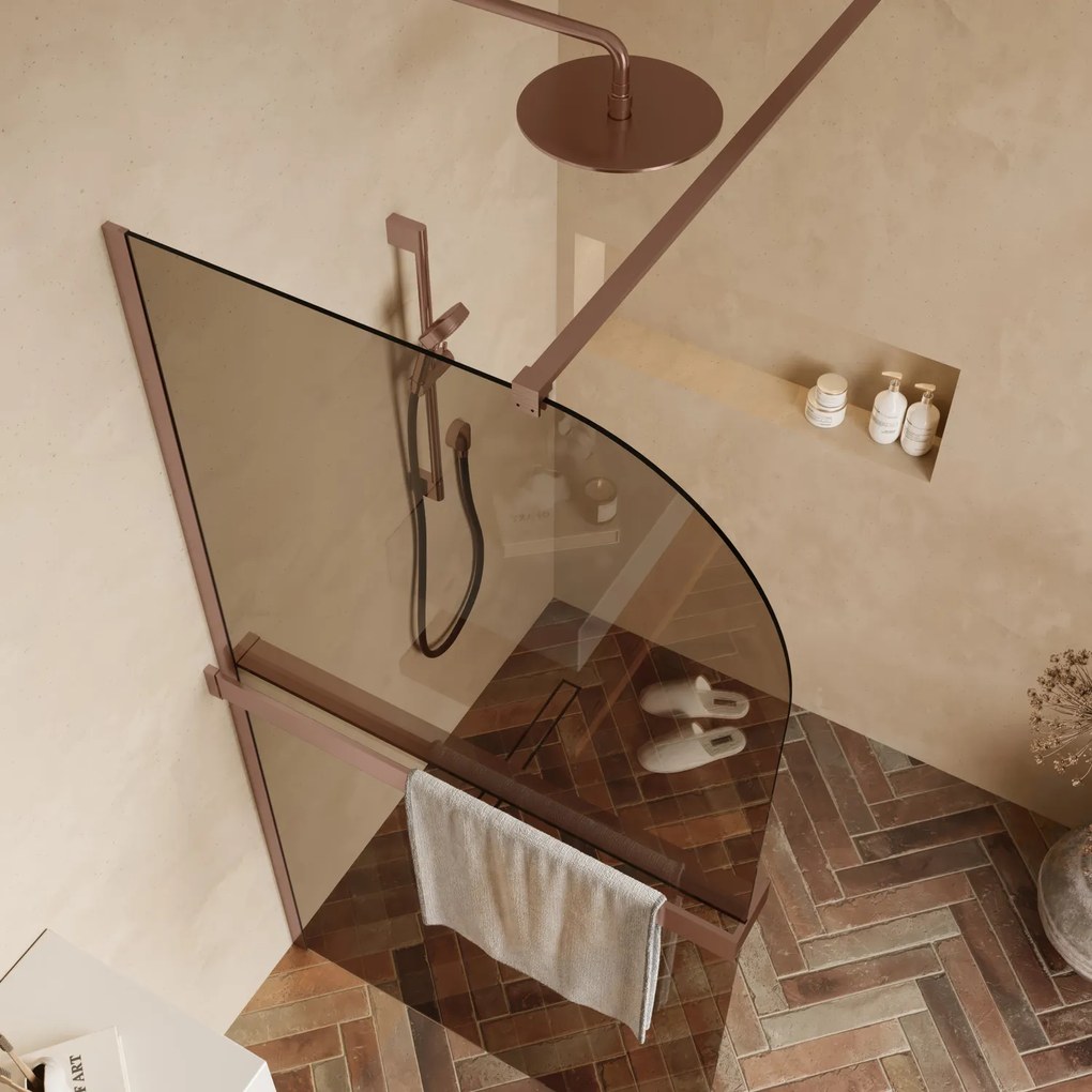Saniclear Moon afgeronde inloopdouche 90cm geborsteld koper met bronsglas en handdoekhouder