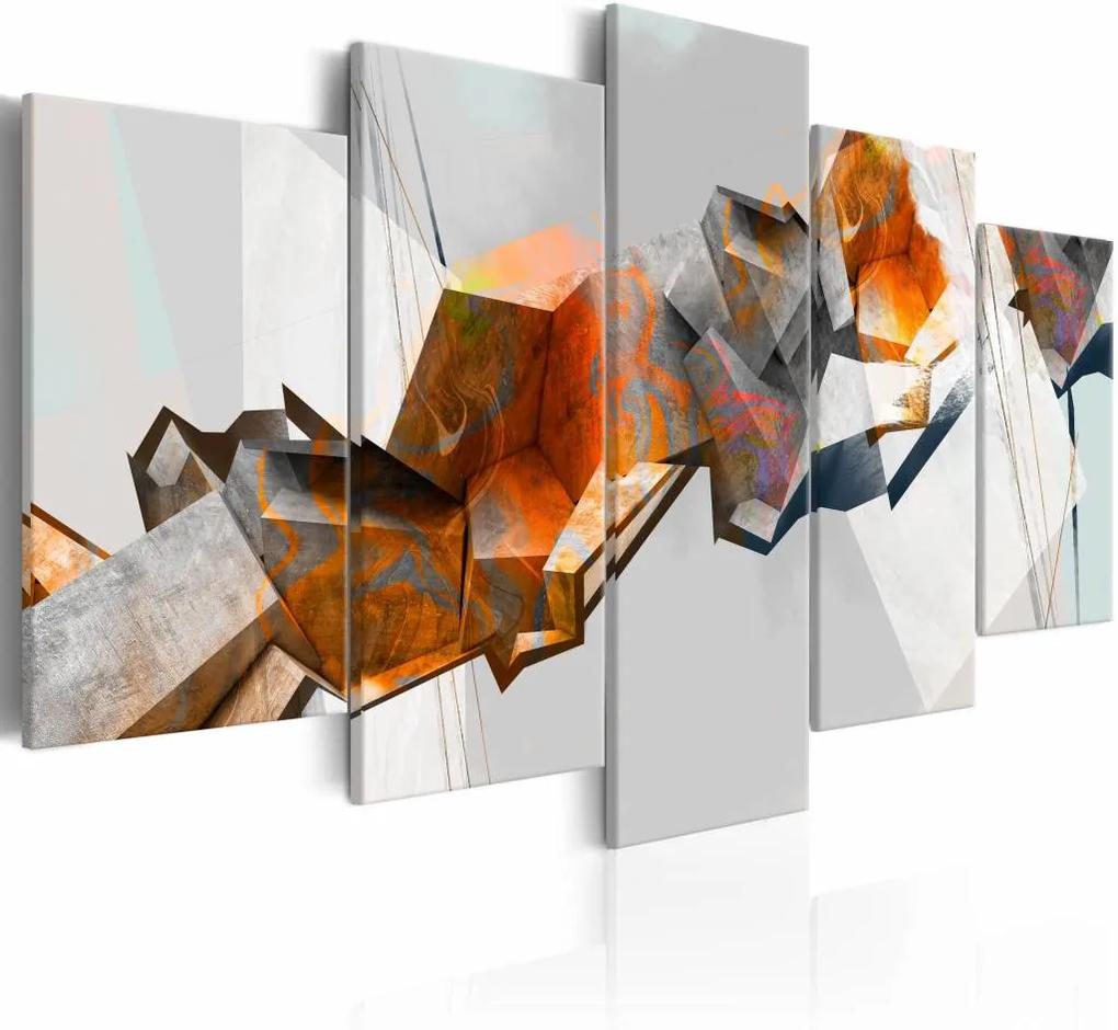 Schilderij -Vurige Blokken , oranje grijs , 5 luik