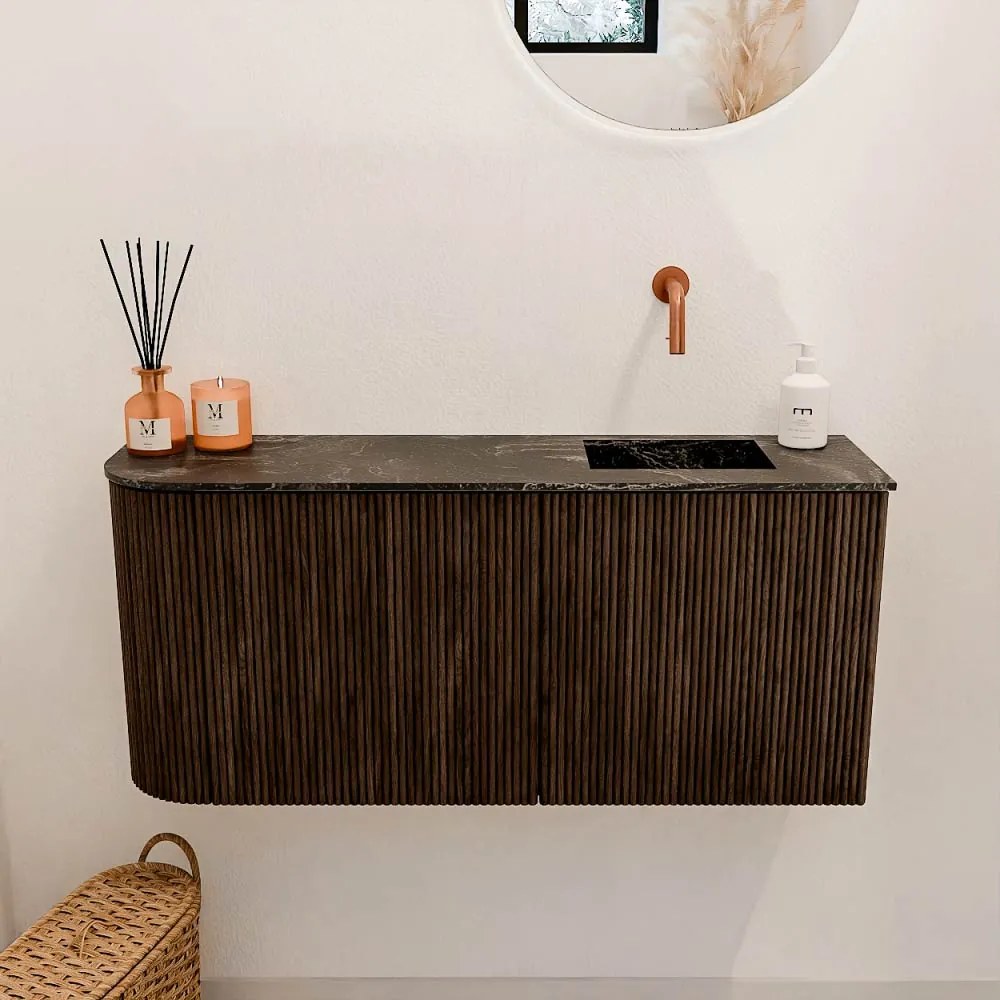 Mondiaz Joya DLux 90cm toiletmeubel ronding links walnut met wastafel faye rechts zonder kraangat lava