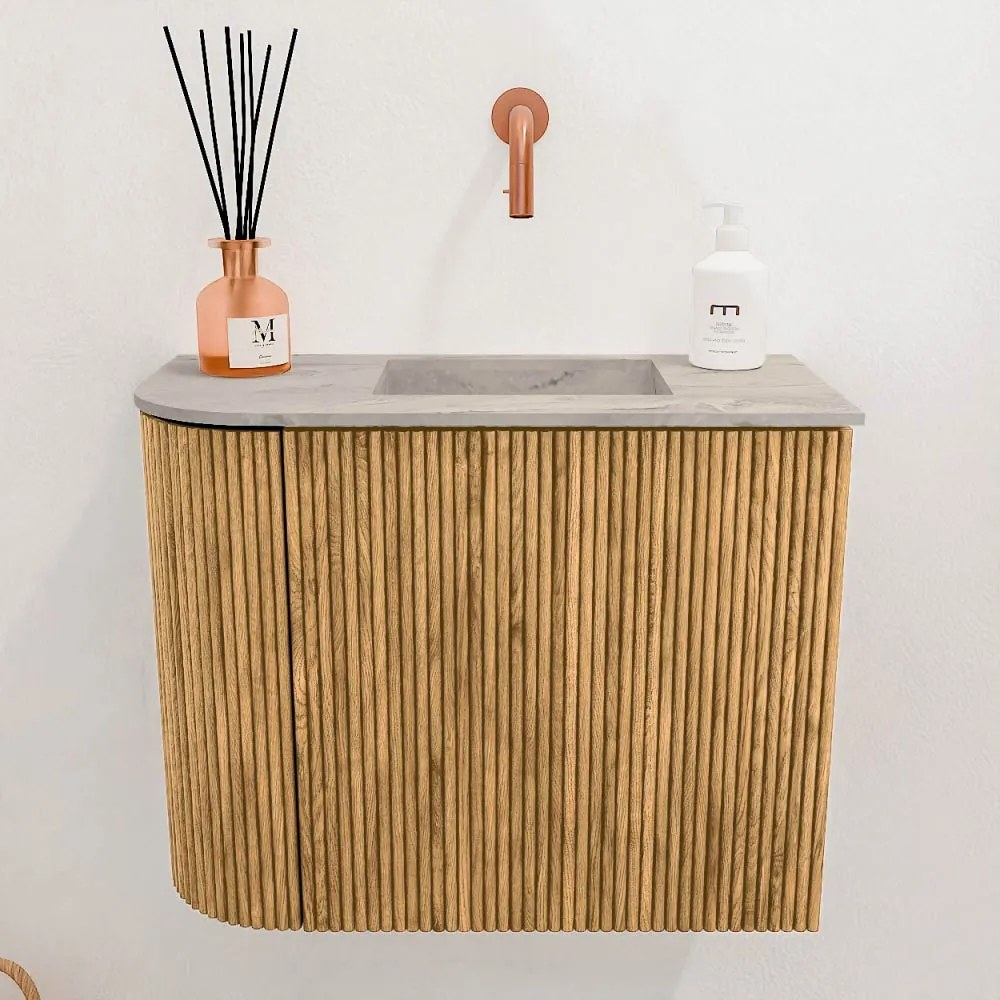 Mondiaz Joya DLux 50cm toiletmeubel ronding links oak met wastafel faye rechts zonder kraangat glace