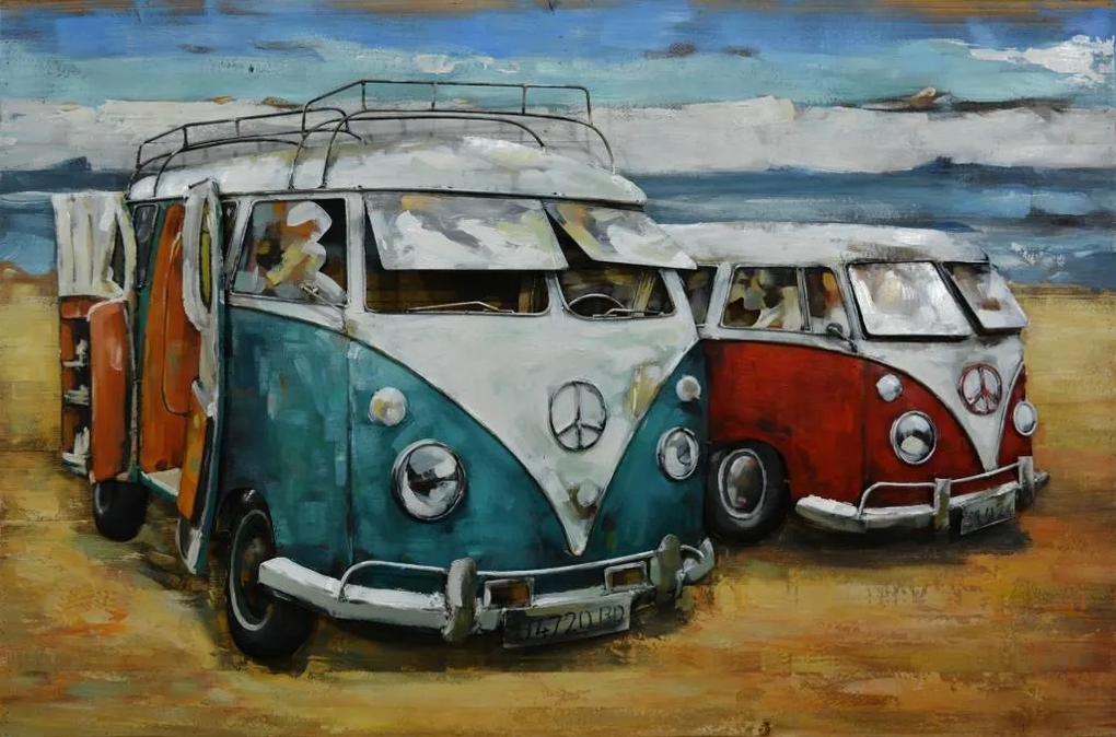 Schilderij - Metaalschilderij - Retro busjes op het strand, 120x80cm