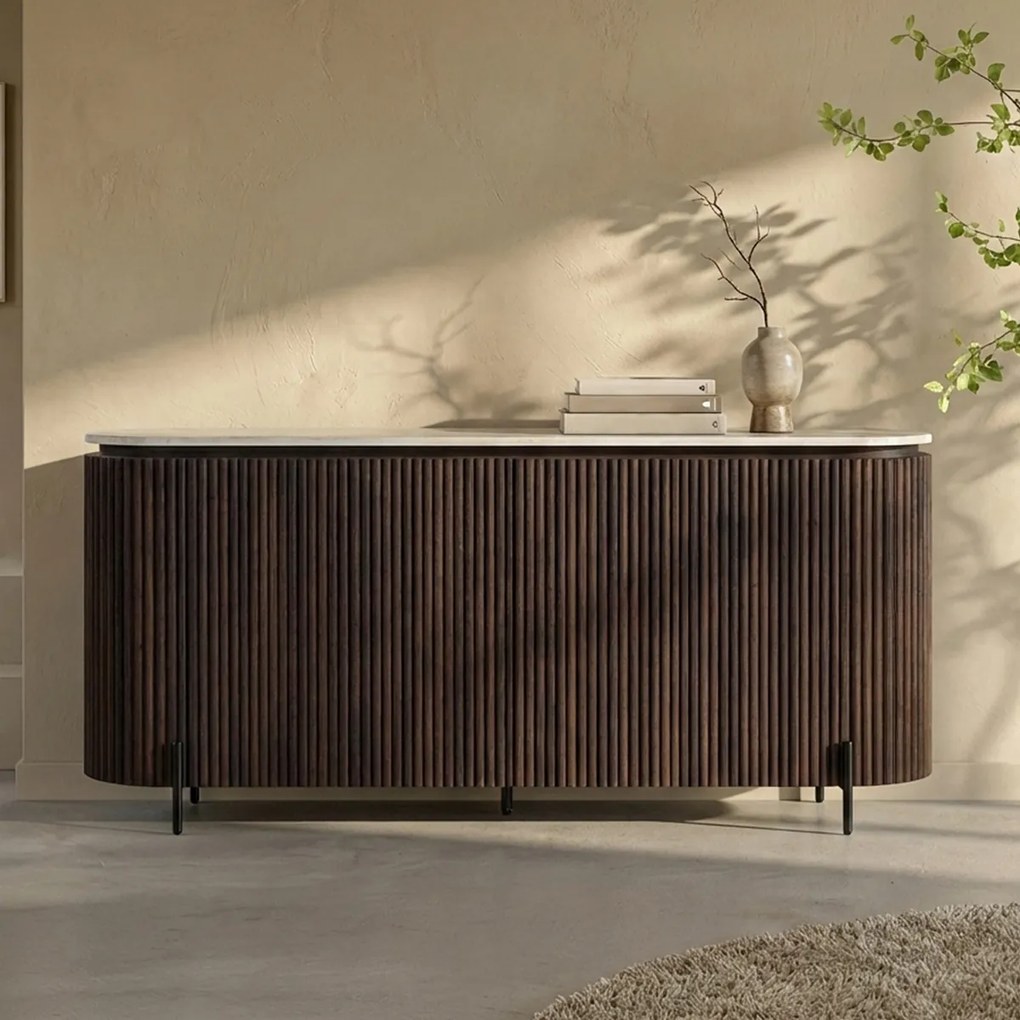Walnoot Dressoir Met Travertin Blad - 180x40x85cm.