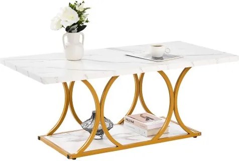 VEVOR Salontafel/Bijzettafel in marmerlook, rechthoekige bijzettafel met 2 niveaus, metalen frame en geometrische poten, draagvermogen van 95 kg, minimalistische woonkamertafel, wit, 120 x 59,5 x 48 cm