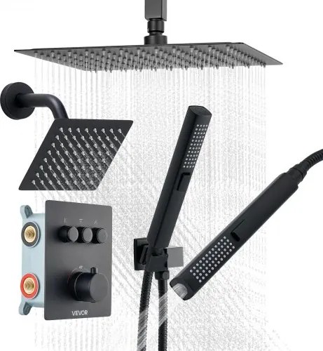 VEVOR Douchesysteemset met 12 inch regendouchesysteem / 6 inch wandmontagekop / 2-in-1 handdouche, draaibare dubbele regenkop (3 functies), messing klepafwerkingsset, matzwarte thermostaat
