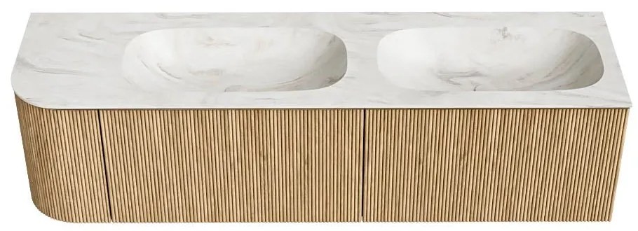 Mondiaz Kurve-dlux 165cm badmeubel ronding links oak met 2 lades en 1 deur en wastafel stor small dubbel/rechts zonder kraangat ostra