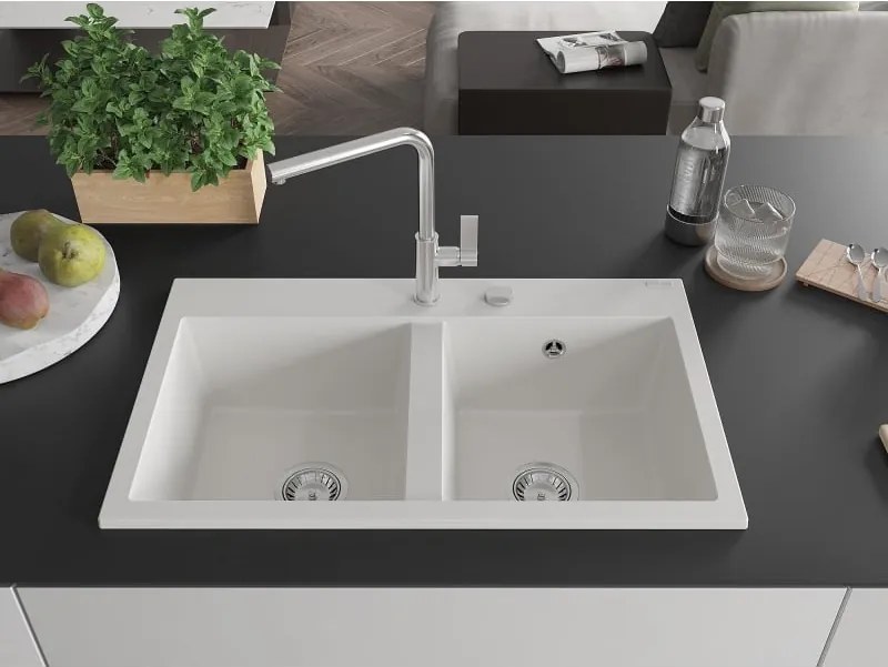 Mexen Hektor granieten gootsteen 2-kamer 800 x 480 mm, wit, chrom sifon - 6521802000-20