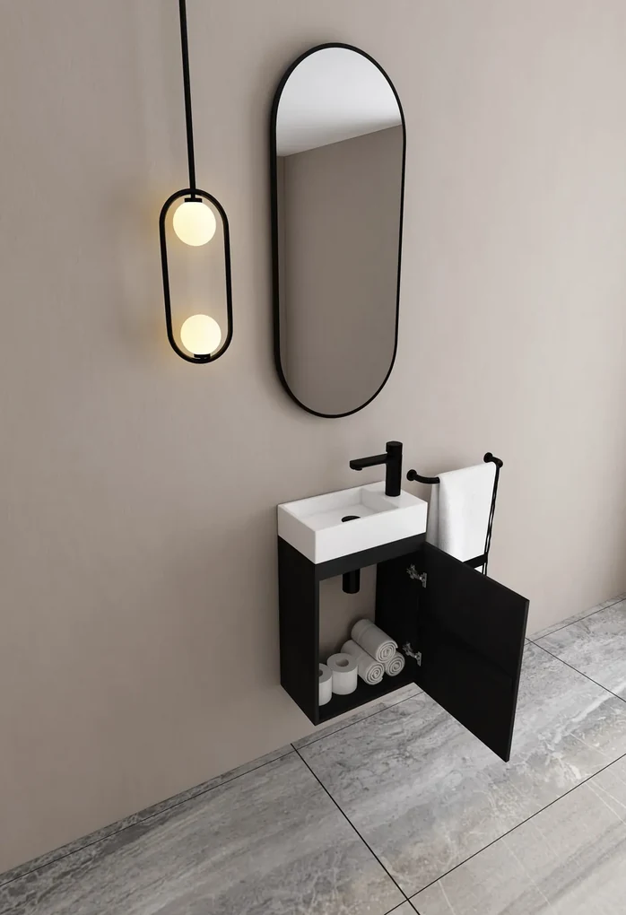 MD Interior Eden toiletmeubel zwart mangohout rechts met solid surface fontein rechts