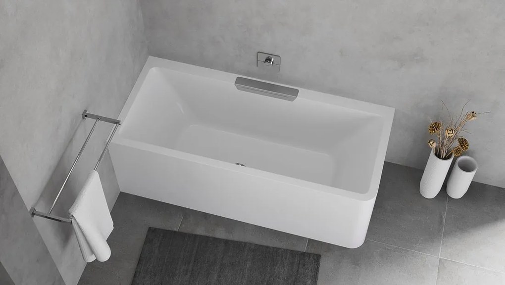 Polysan Monolith Cascata links half vrijstaand bad met RVS waterval uitloop 180x80cm