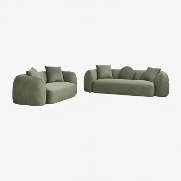 Zitkamer Set Met Modulaire 3-zitsbank En 2-zitsbank In Coco Chenille Stof Chenille Groen – Salie - Sklum
