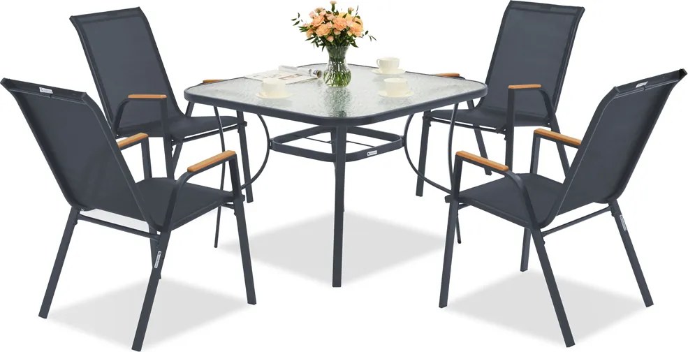 Modena/Bitonto metalen tuinmeubelen voor 4 personen met Garden Point vierkante tafel grijs