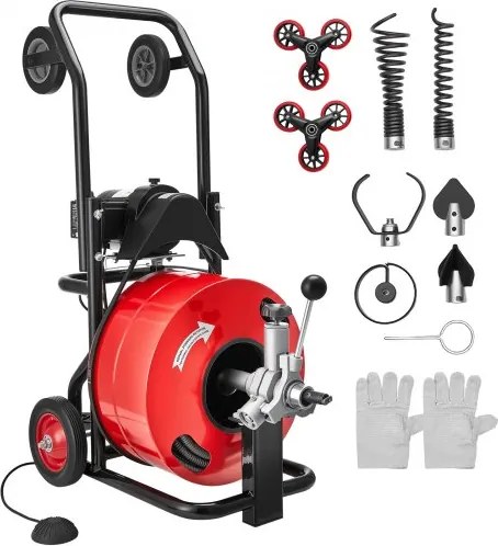 VEVOR pijpreinigingsmachine φ19 mm x 30 m, reinigingsspiraal met automatische aanvoer, meerwielige combinatie, 6 snijgereedschappen en pneumatische voetschakelaar voor pijpdiameters van 100 tot 200 mm