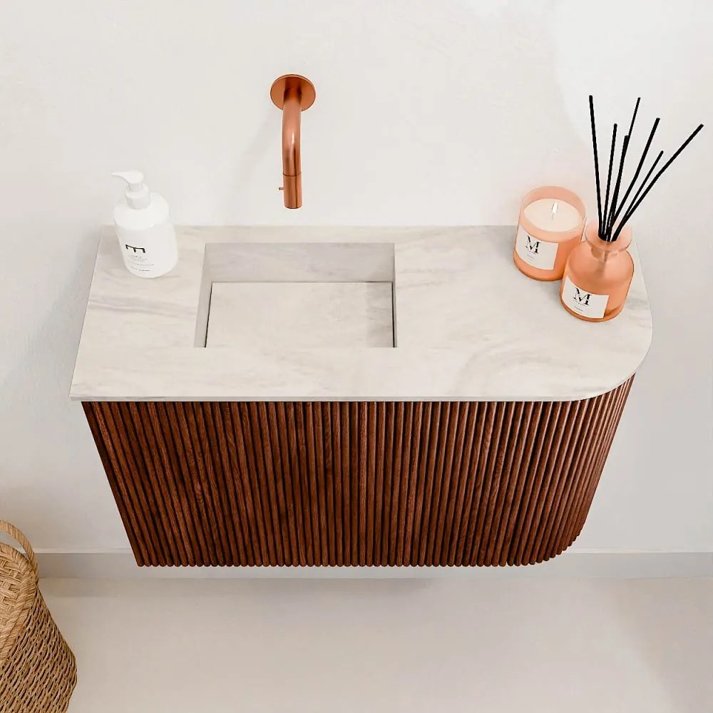 Mondiaz Joya DLux 60cm toiletmeubel ronding rechts ruby met wastafel faye links zonder kraangat ostra