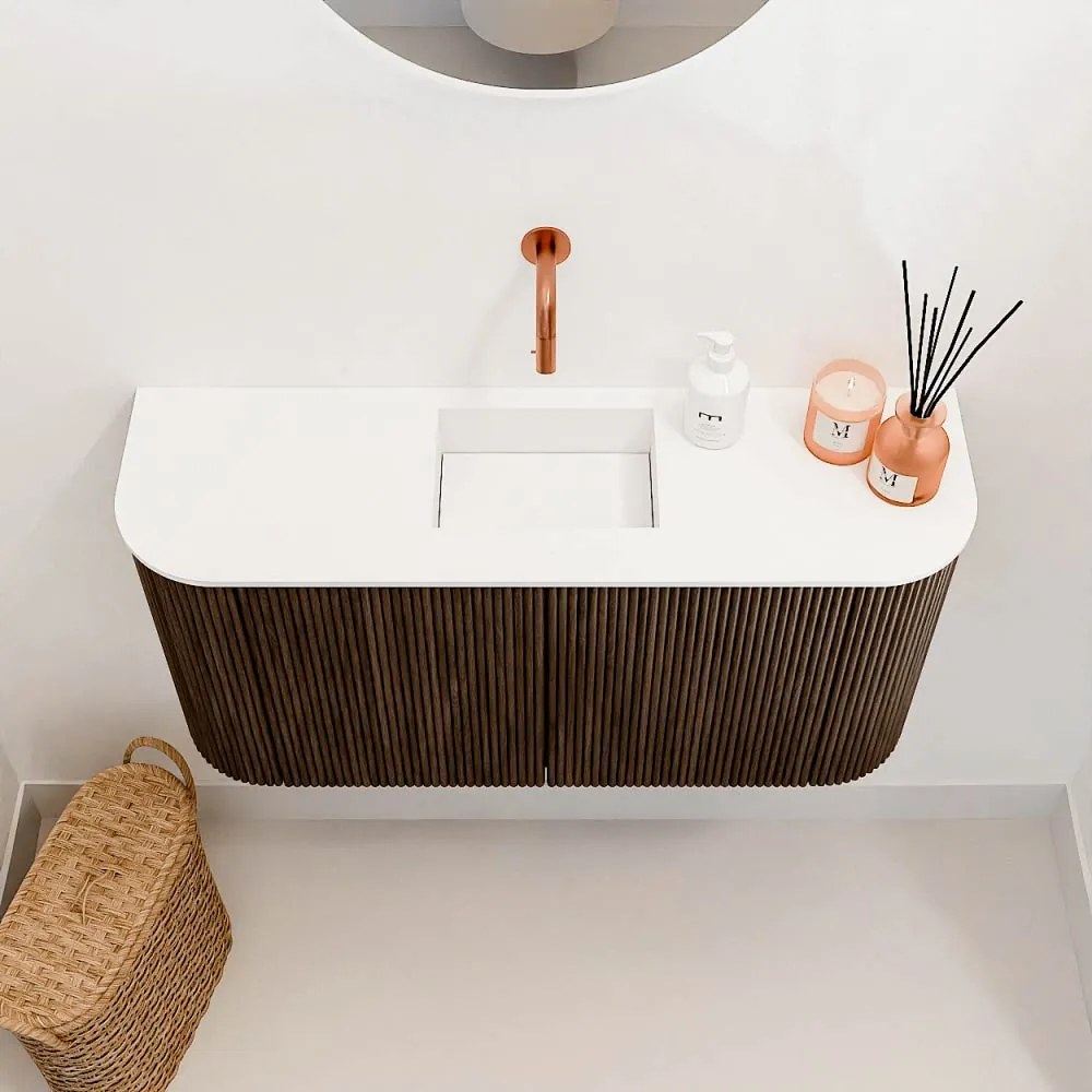 Mondiaz Joya 85cm toiletmeubel ronding links/rechts walnut met wastafel faye midden zonder kraangat talc