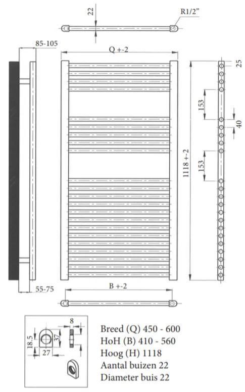 Sanicare design handdoekradiator 45x112cm zwart mat