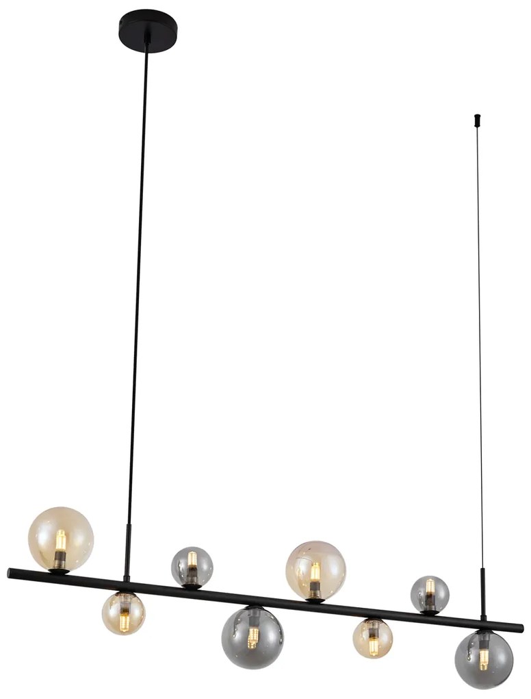 Hanglamp zwart met smoke en amber glas langwerpig 8-lichts - Monaco