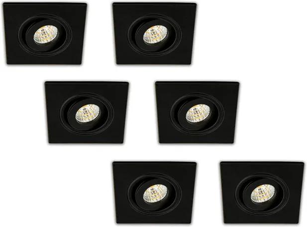 Inbouwspot LED 3W, Vierkant, Kantelbaar, Aluminium, Dimbaar, Zwart, 6-Pack