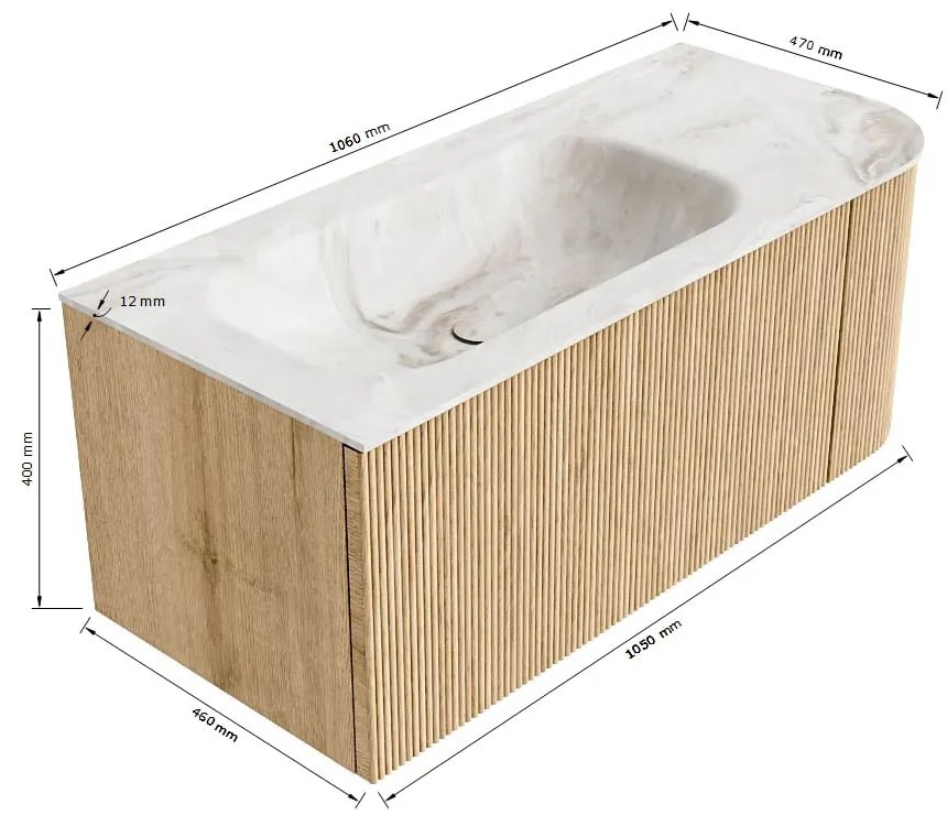 Mondiaz Kurve-dlux 105cm badmeubel ronding rechts ruby met 1 lade en deur en wastafel big small links zonder kraangat glace