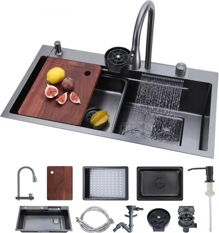 VEVOR Inbouwspoelbak 850 x 460 x 236 mm, Inbouwspoelbak met geïntegreerde opstap, watervalkraan en snijplank, enkele kom. Geschikt voor campers, voorbereidingskeukens, wasruimtes en bars.