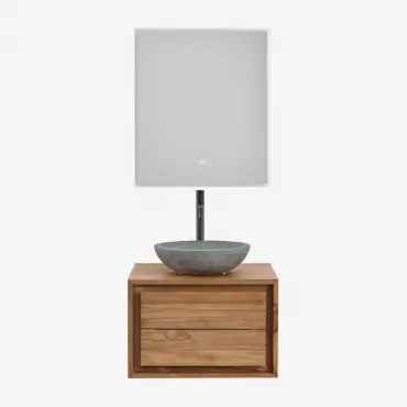 Jabari Teakhouten Badkamermeubelset Teakhout & Rond Grijs Cement Ø40 Cm Tarsis & Rechthoekige Led En Anticondens 60x70 Cm Riben & Zwart - Sklum