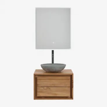 Jabari Zwevend Badkamermeubelset Van Teakhout Teakhout & Rond Grijs Cement Ø40 Cm Tarsis & Rechthoekige Led En Anticondens 60x70 Cm Riben - Sklum