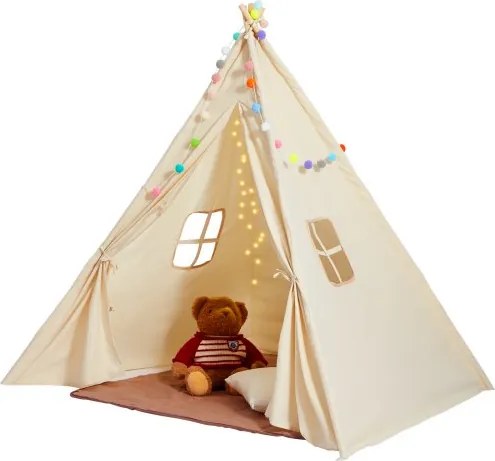 VEVOR Kinderspeeltent, Tipi-tent voor kinderen van 1-5 jaar, Peutertent met mat en decoratieve pluchen ballen, Kindertent met ramen voor binnen- en buitengebruik, Beige