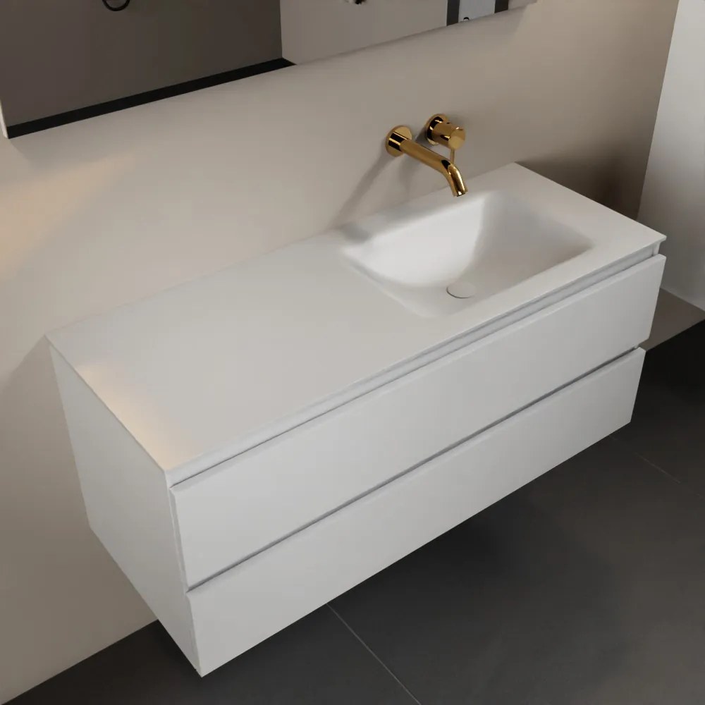 Mondiaz Aivy badmeubel 120cm talc met wastafel solid surface talc rechts zonder kraangat en spiegel