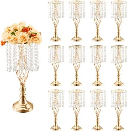 VEVOR 12 stuks 49 cm hoge kristallen glazen bloemenstandaard voor bruiloften, metalen vaas voor bruiloftsstukken, gouden bloemenhouders, bloemenstandaards voor tafels, bruiloftsdiners, feesten, ceremonies, verjaardagsfeesten