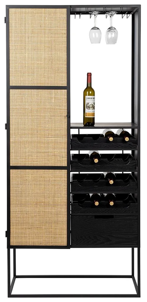 Hoge Wijnkast Zwart Met Rotan - 80x38x175cm.