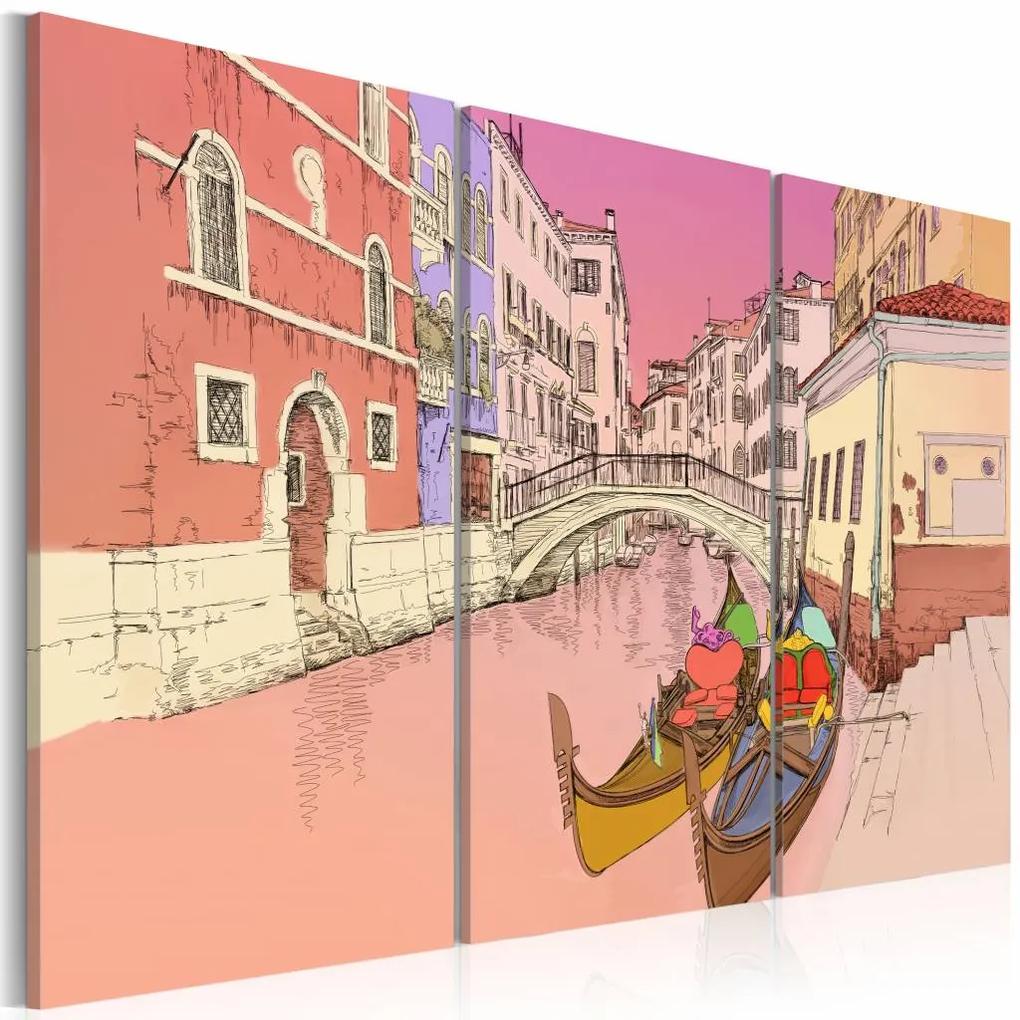 Schilderij - Romantische gondels, Venetië , roze geel , 3 luik