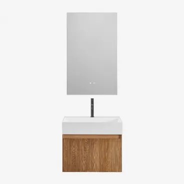 Conjunto Vaniteitmeubel Zwevend Van Hout Met Geïntegreerde Wastafel Aldeia Ash Brown & Mat Zwart ↑20 Cm Met Afvoerkraan Zonder Overloop Orveta & Recta