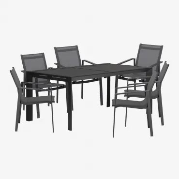 Starmi Rechthoekige Uitschuifbare Tafelset, 180-240x100 Cm, Gemaakt Van Aluminium En 6 Eika Tuinstoelen. Grijs – Grafiet - Sklum