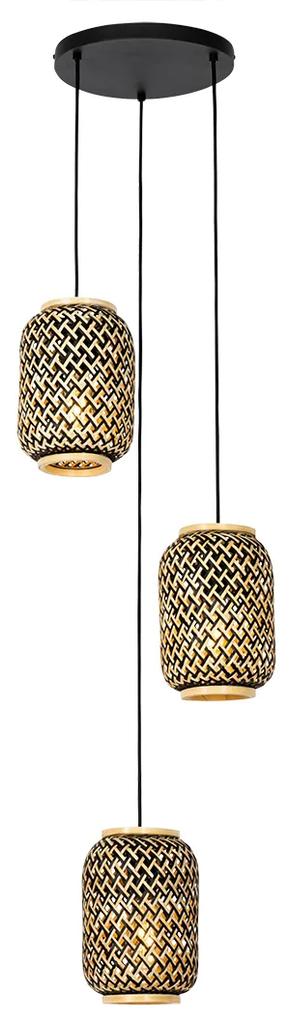 Oosterse hanglamp bamboe met zwart 3-lichts - YvonneOosters E27 rond Binnenverlichting Lamp