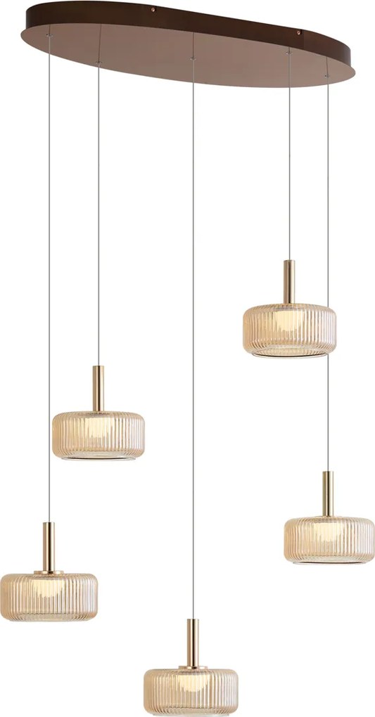 Design hanglamp rosé goud met amber glas incl. LED 3-staps dimbaar 5-lichts easylift - Fiera