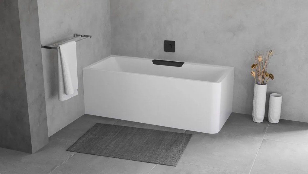 Polysan Monolith Cascata links half vrijstaand bad met zwarte waterval uitloop 180x80cm