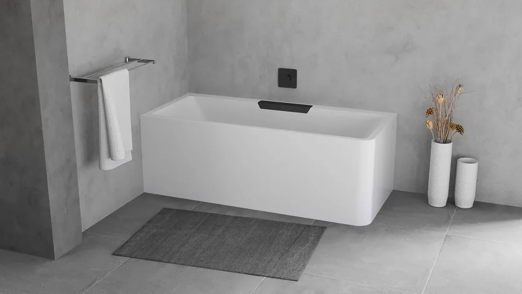 Polysan Monolith Cascata links half vrijstaand bad met zwarte waterval uitloop 180x80cm