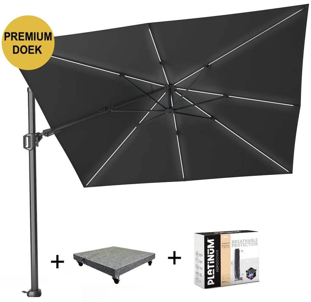 Challenger T2 glow premium parasol 300x300 cm antraciet faded black met 90KG voet en hoes