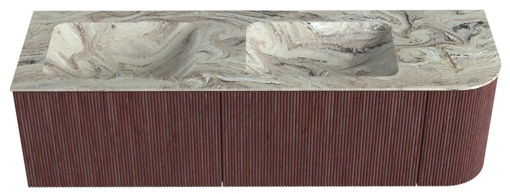 Mondiaz Kurve-dlux 155cm badmeubel ronding rechts ruby met 2 lades en 1 deur en wastafel leaf dubbel/links zonder kraangat glace