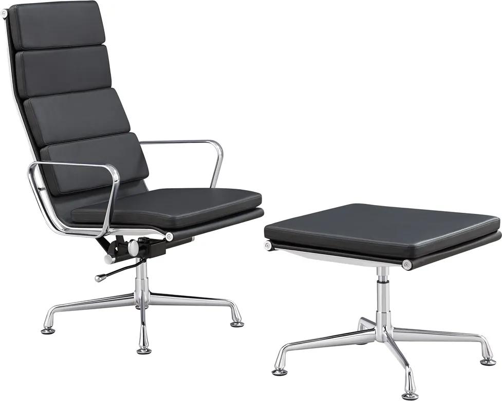 Design fauteuil + hocker &#039;Lerida&#039; - Zwart - Echt leder