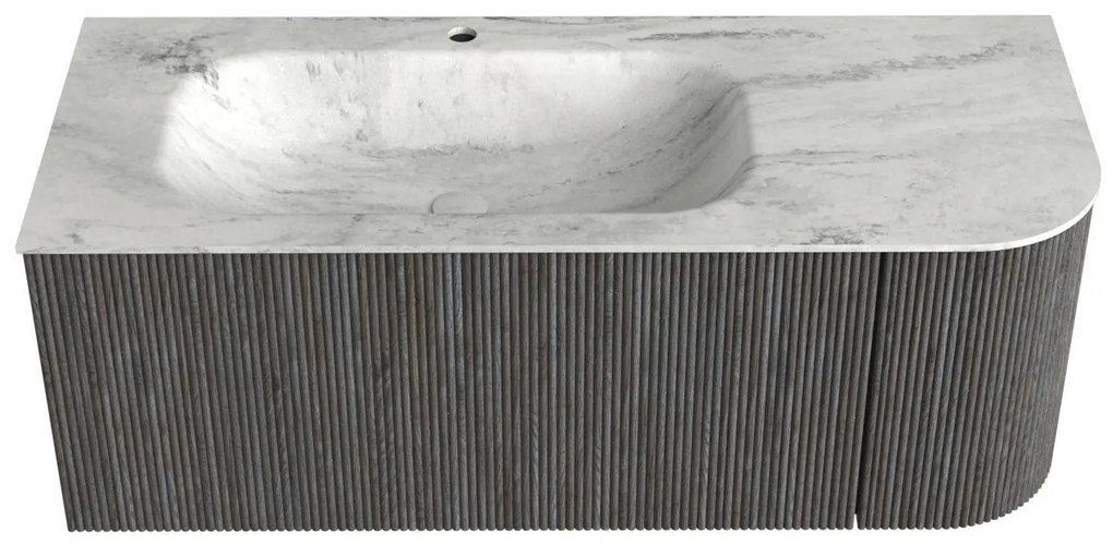 Mondiaz Kurve-dlux 115cm badmeubel ronding rechts shadow met 1 lade en deur en wastafel big small kraangat links opalo