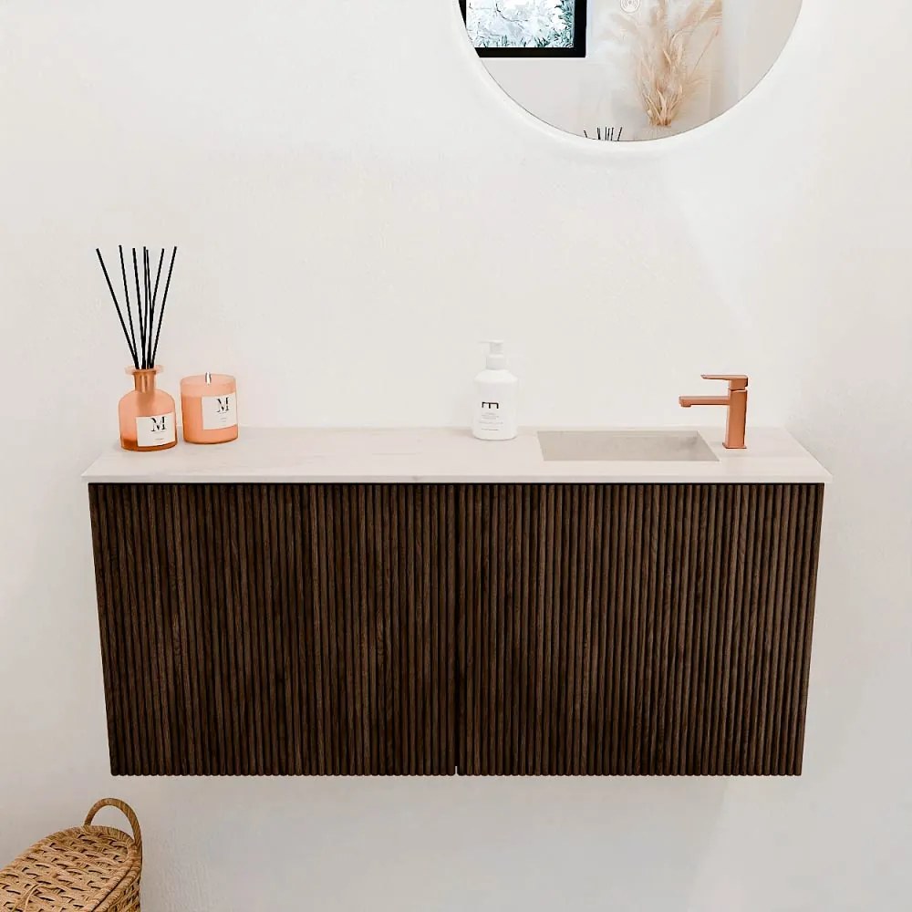 Mondiaz Joya DLux 90cm toiletmeubel walnut met wastafel faye rechts 1 kraangat meli