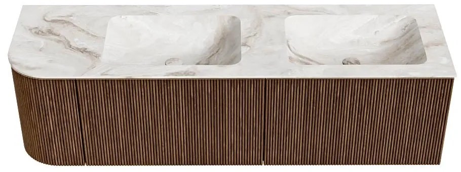 Mondiaz Kurve-dlux 155cm badmeubel ronding links walnut met 2 lades en 1 deur en wastafel leaf dubbel/rechts 2 kraangaten frappe