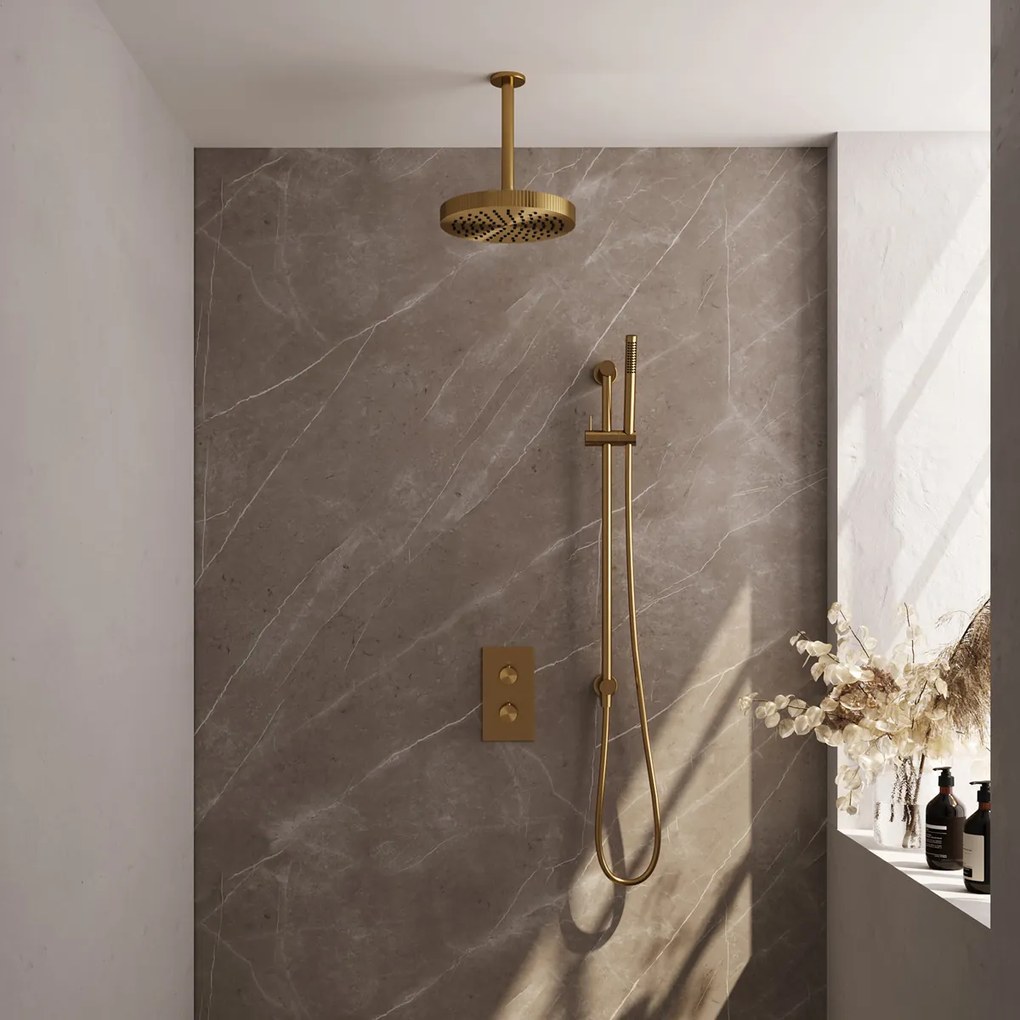 Brauer Stripe inbouw regendouche met 25cm hoofddouche, met plafondarm, glijstang en staafhanddouche set 21 messing geborsteld PVD