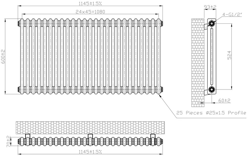 Eastbrook Imperia 2 koloms radiator 115x60cm 1588W antraciet